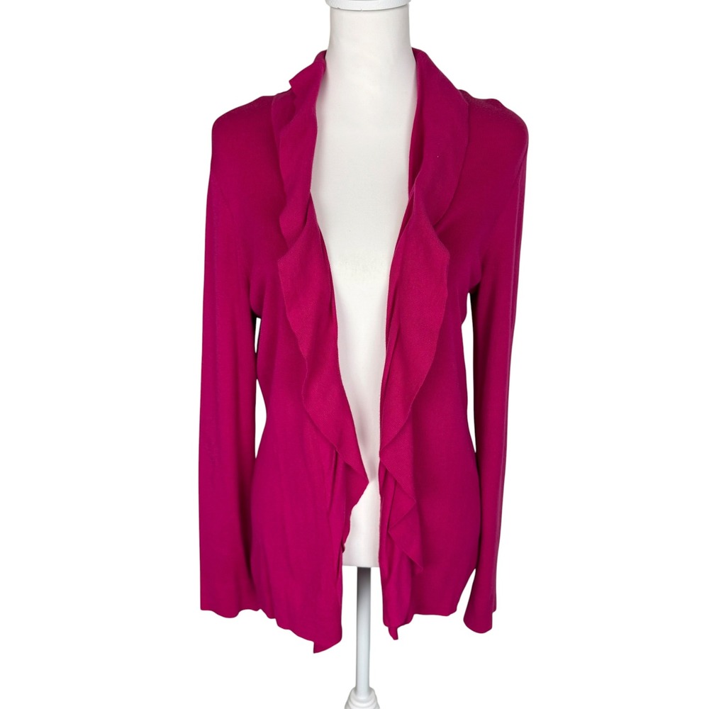 Anne Klein Womens Fuchsia‎ Pink Ruffle Open Front Cotton Cardigan Sweater Large